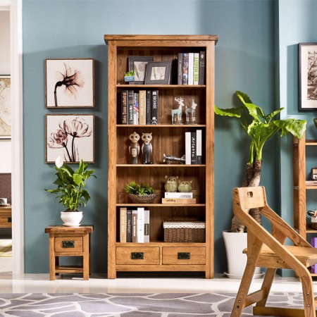 Rustic Oak - 90cm : Kệ Sách Gỗ Sồi 5 Tầng + 2 Ngăn Kéo